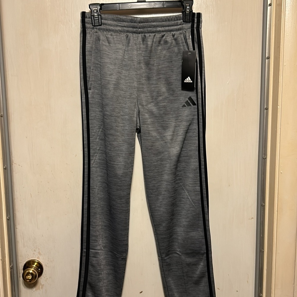 NWT Adidas Boys Regular Fit Pants. Grey with Black Strips. Size Large 14/16